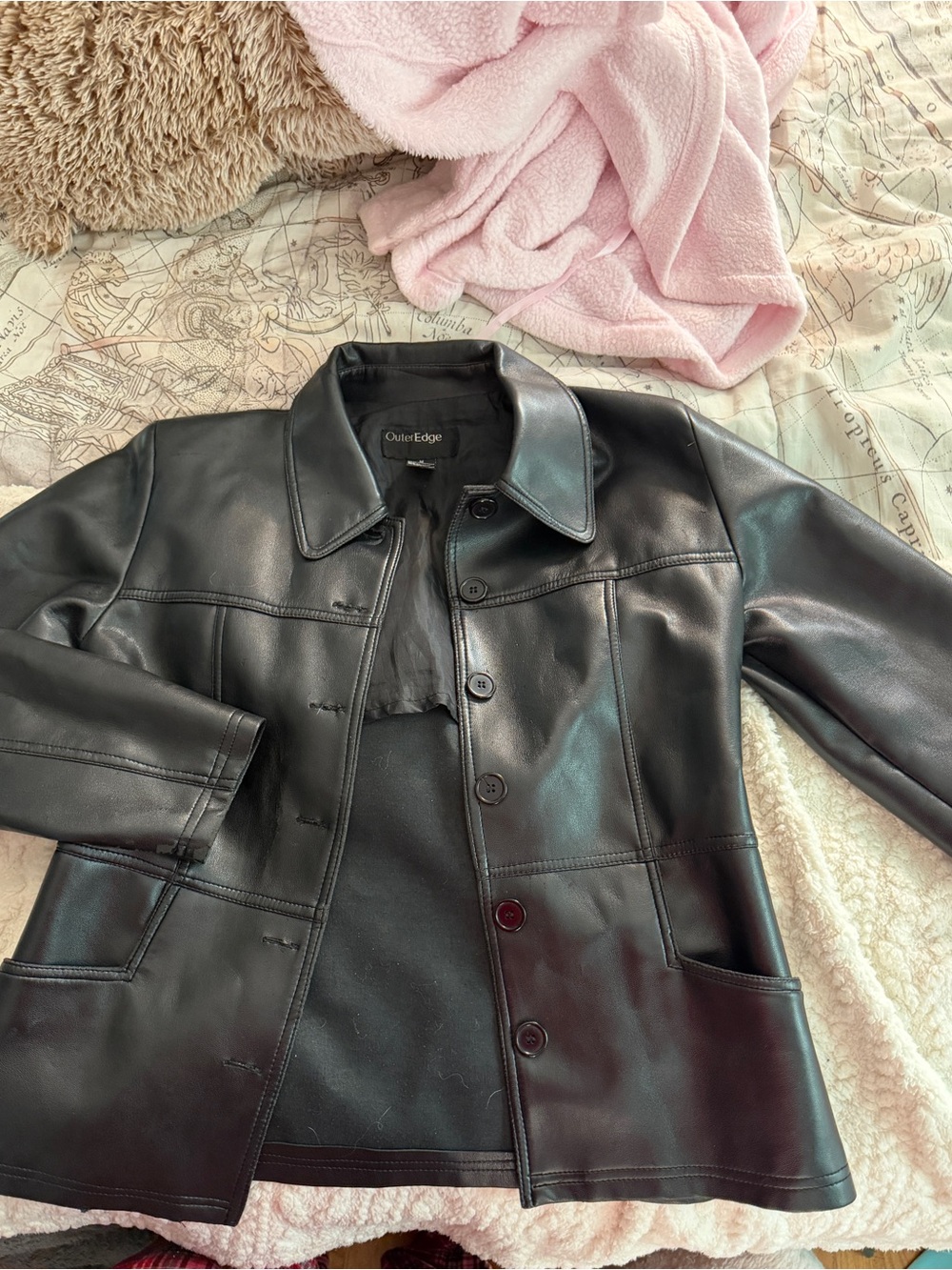 Outer Edge Black Leather Button-Front Jacket for Women